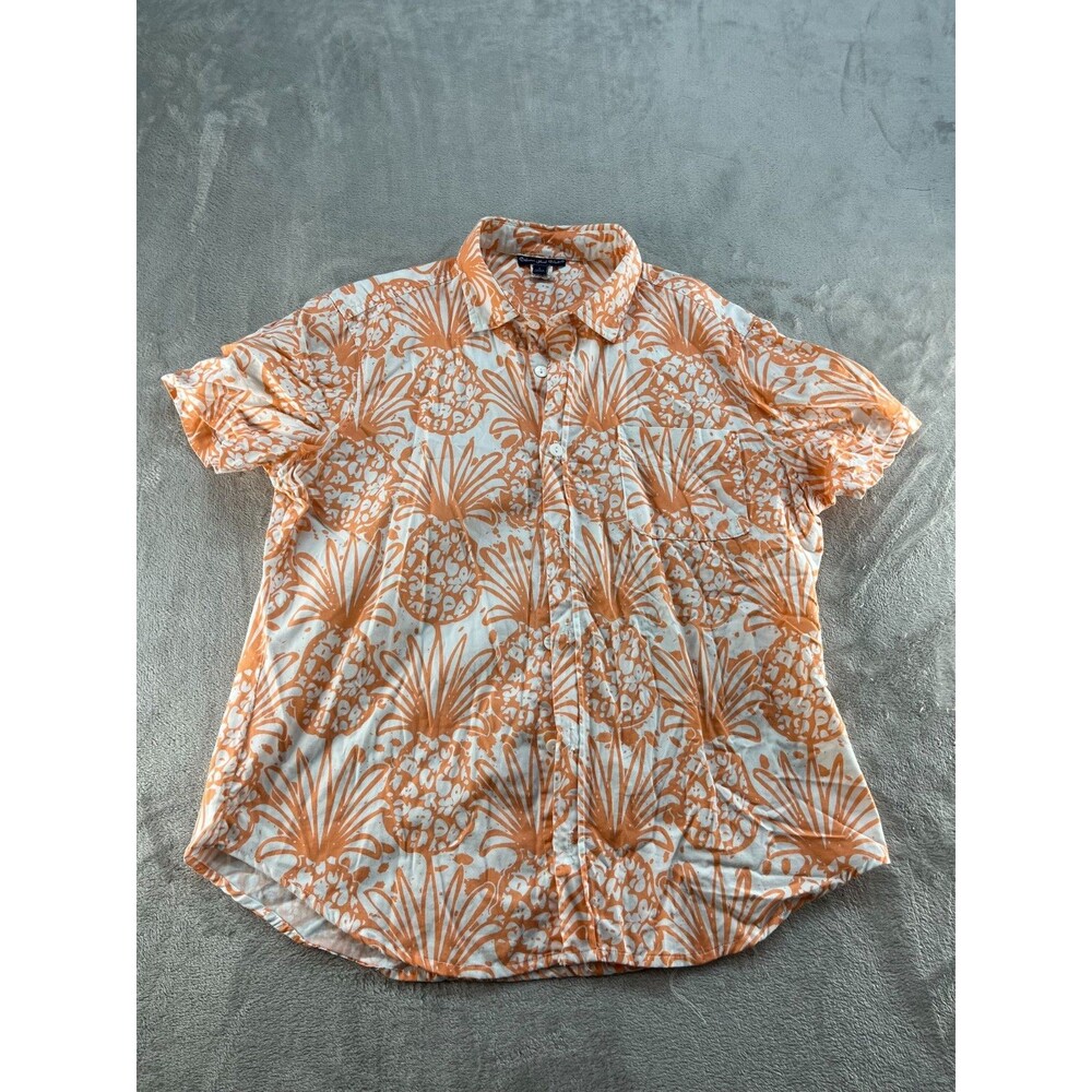 Bahama Hand Prints Sport Shirt Womens Large Orange/White Short Sleeve Pineaple